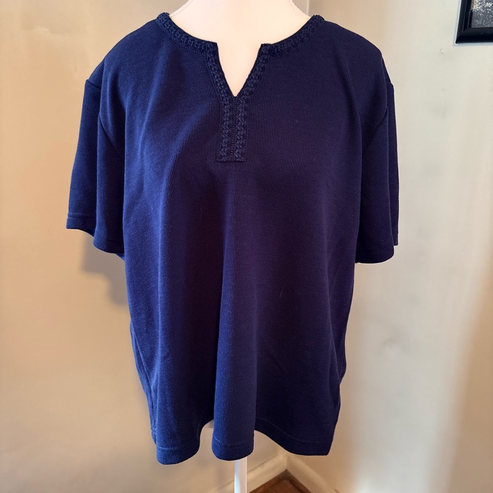 Navy Short-Sleeve Notch Neck Blouse